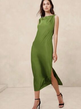 Banana Republic Satin Slip Midi Dress in Olive Green